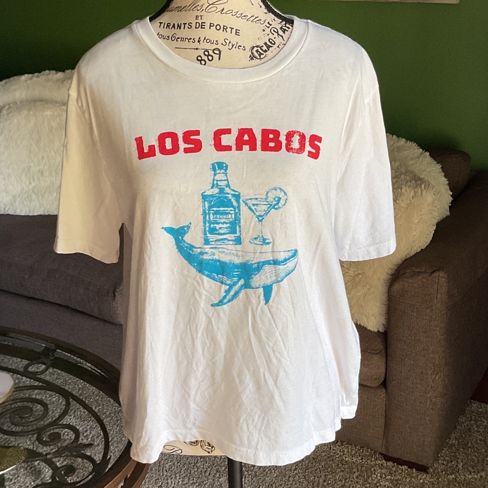 Sunday Somewhere White and Blue Graphic T-Shirt, Size L